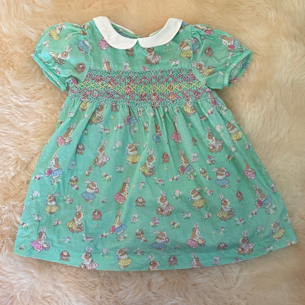 Mini Boden Green Dress with White Collar Bunny Print
